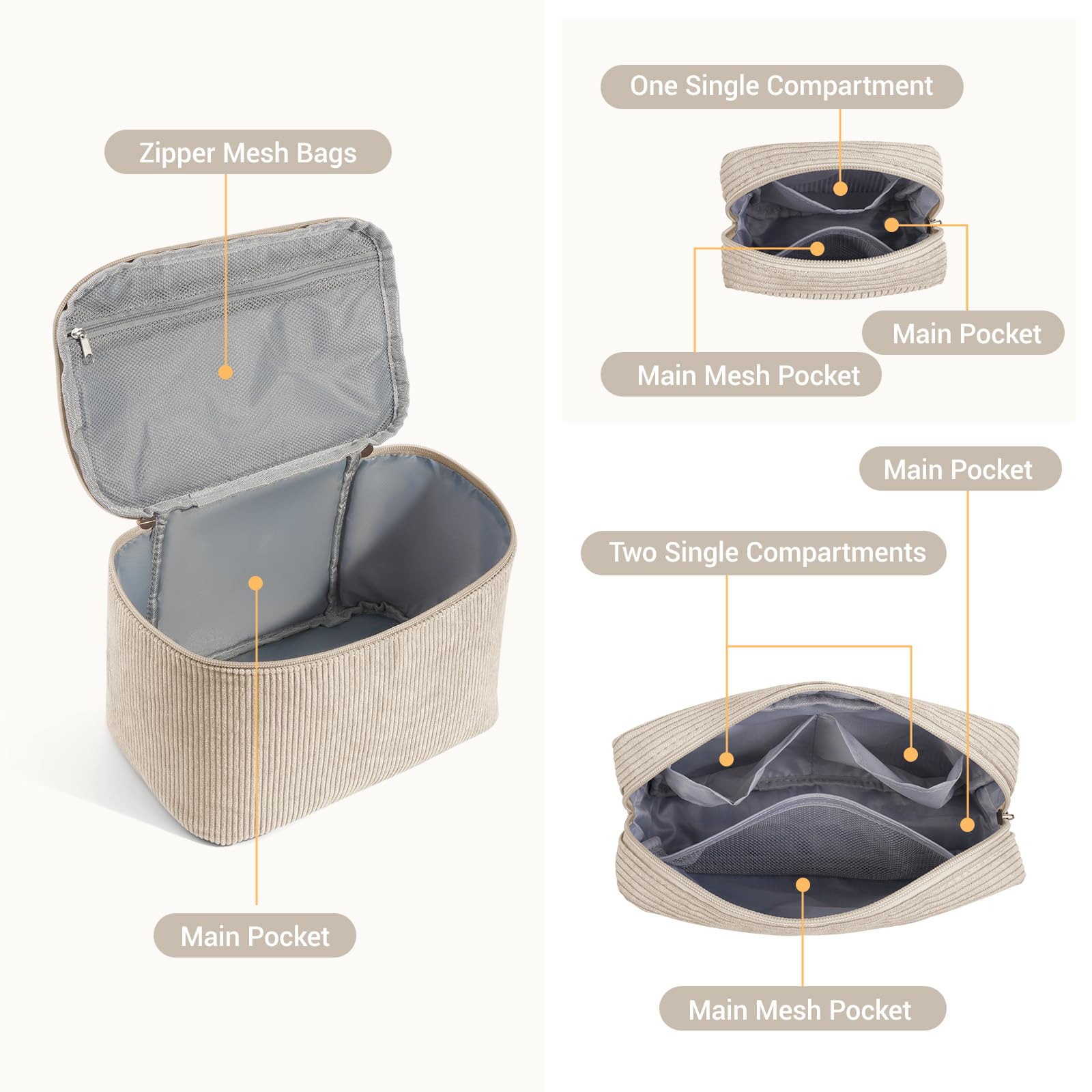 Magefy pochette velours-cotele cube beige, rangement compact
