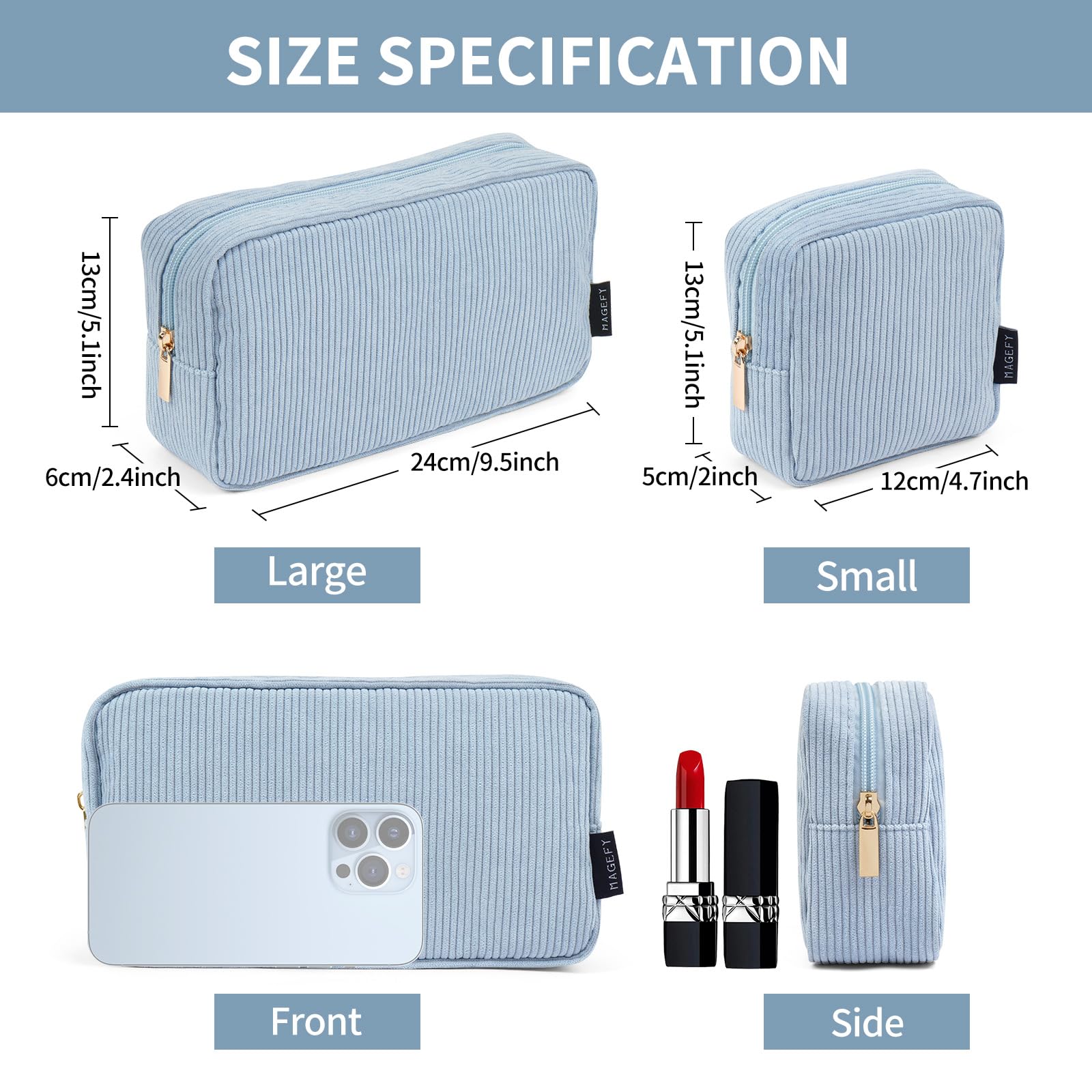 Trousse double MAGEFY corduroy bleu, parfaite pour compartimenter produits et accessoires