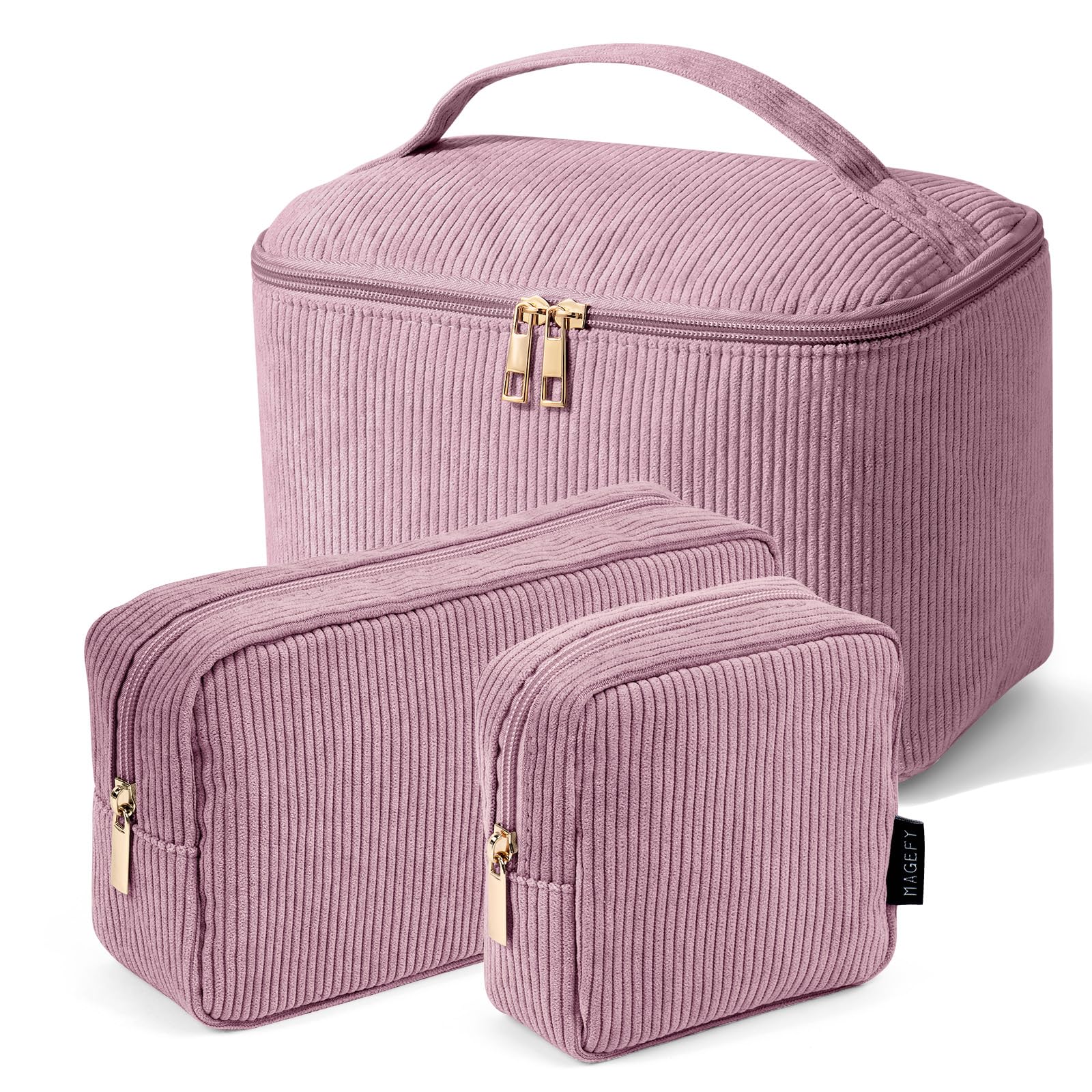 Trousse MAGEFY ensemble 3 pièces avec poignée rose, pratique pour voyage et organisation.