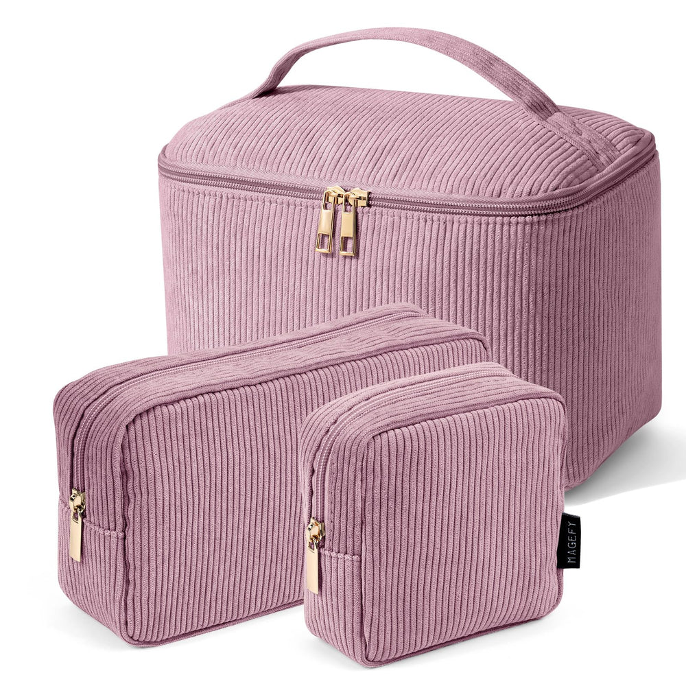 Trousse MAGEFY ensemble 3 pièces avec poignée rose, pratique pour voyage et organisation.