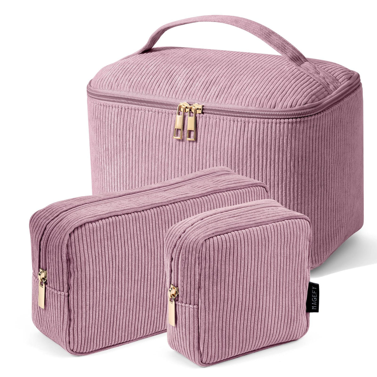 Trousse MAGEFY ensemble 3 pièces avec poignée rose, pratique pour voyage et organisation.