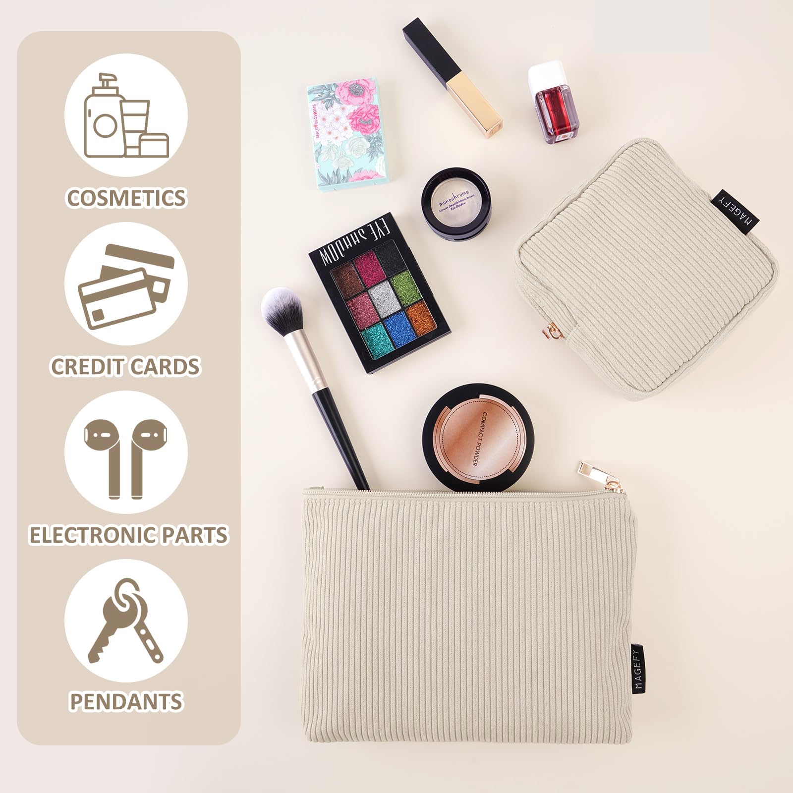 Trousse MAGEFY velours côtelé beige grande fermeture lisse pour accès rapide.
