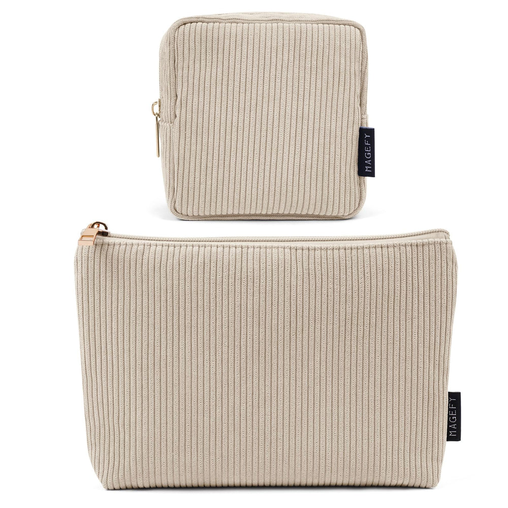 Trousse MAGEFY velours côtelé beige grande ouverte, rangement pratique pour voyage.