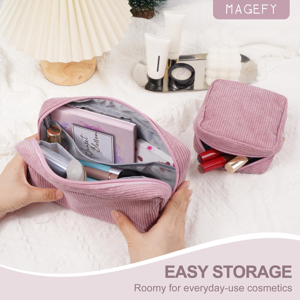 Trousse MAGEFY velours côtelé rose avec poches intérieures séparant les accessoires