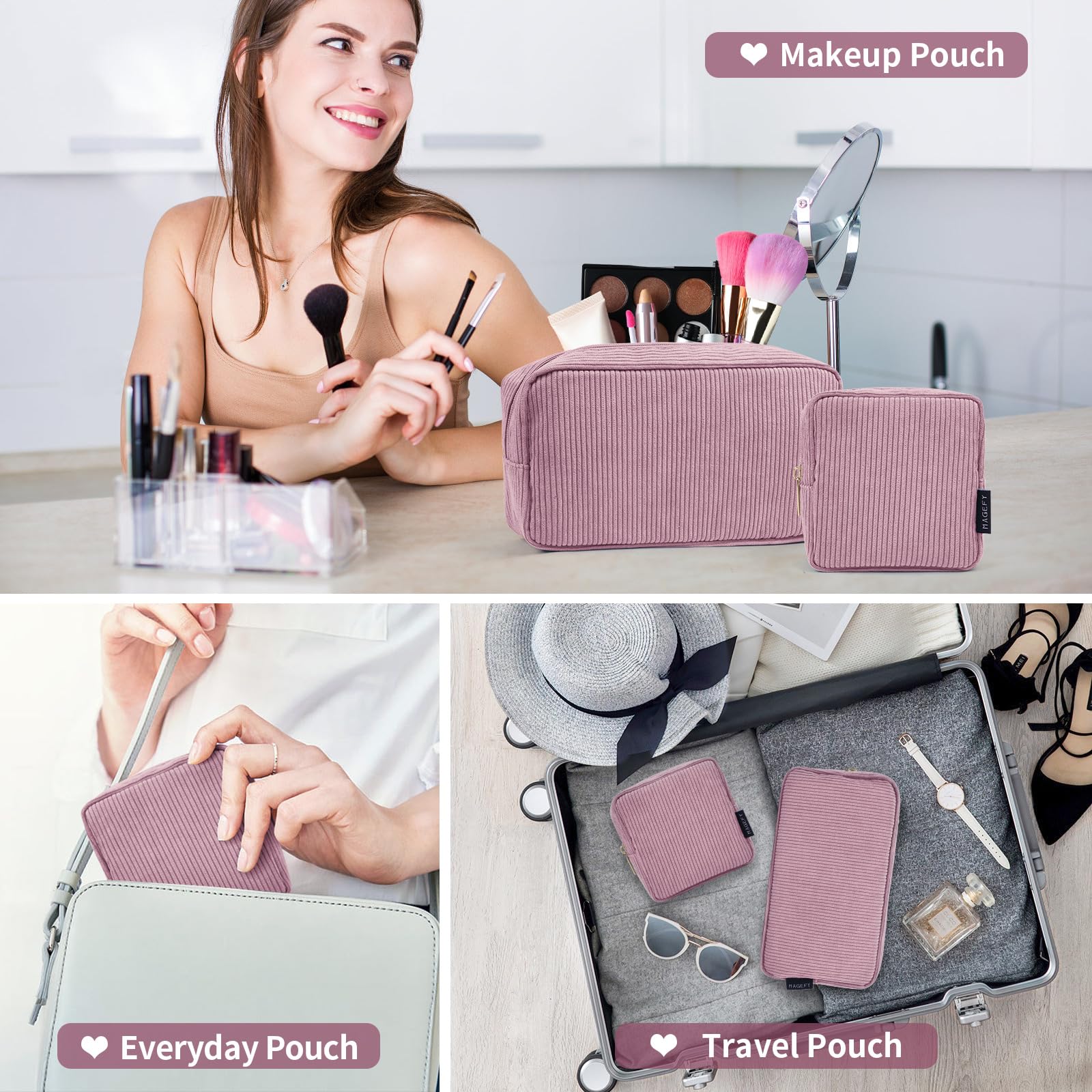 Usage quotidien et voyage avec la trousse MAGEFY velours côtelé rose