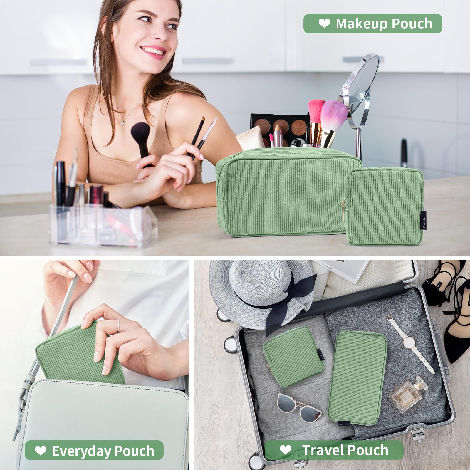 Trousse MAGEFY vert polyvalente, parfaite pour maquillage et petites affaires.