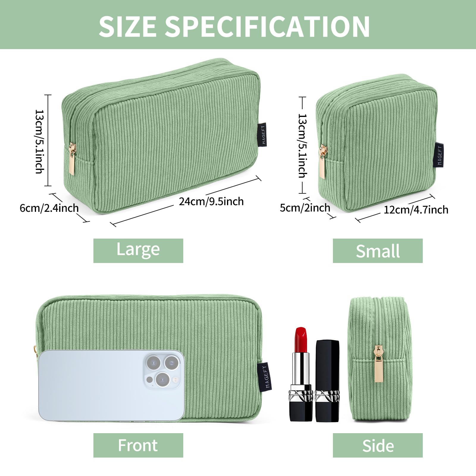 Fermeture-éclair robuste sur la trousse MAGEFY vert, rangement sûr.