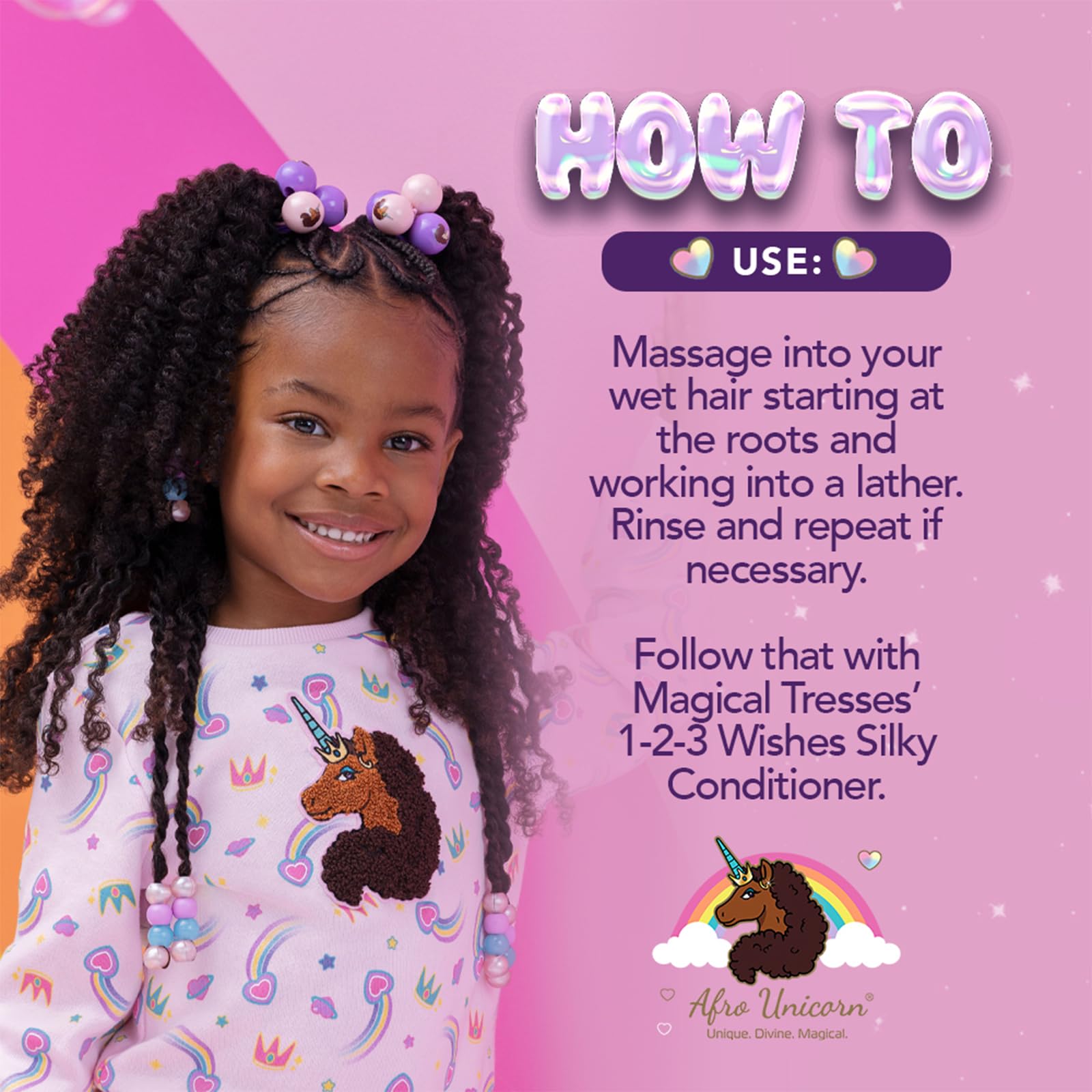 MAGICAL TRESSES Afro Unicorn - massage sur cheveux mouillés pour une utilisation simple.