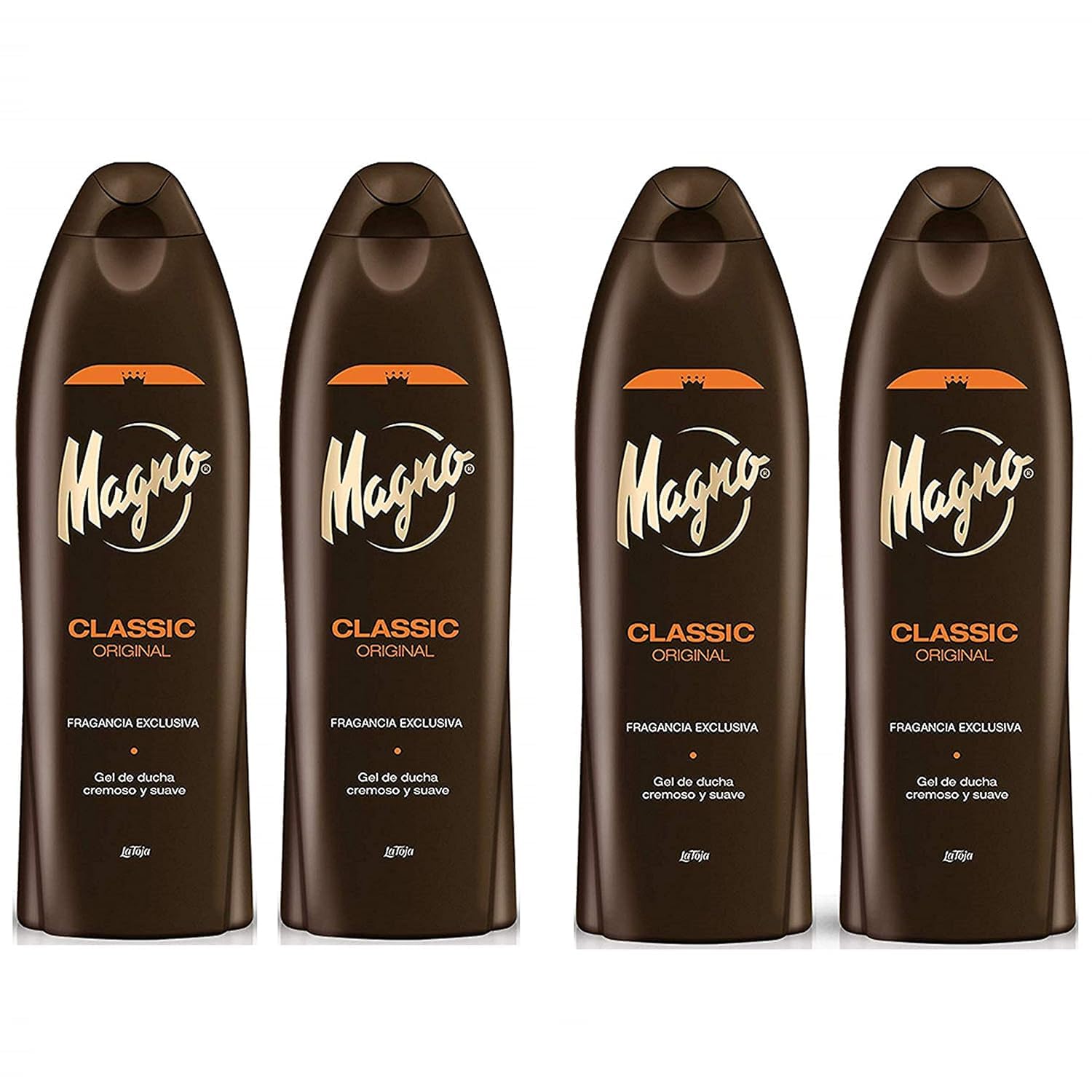 Gel douche Magno en lot de 4 bouteilles 550 ml, pratique pour toute la famille.
