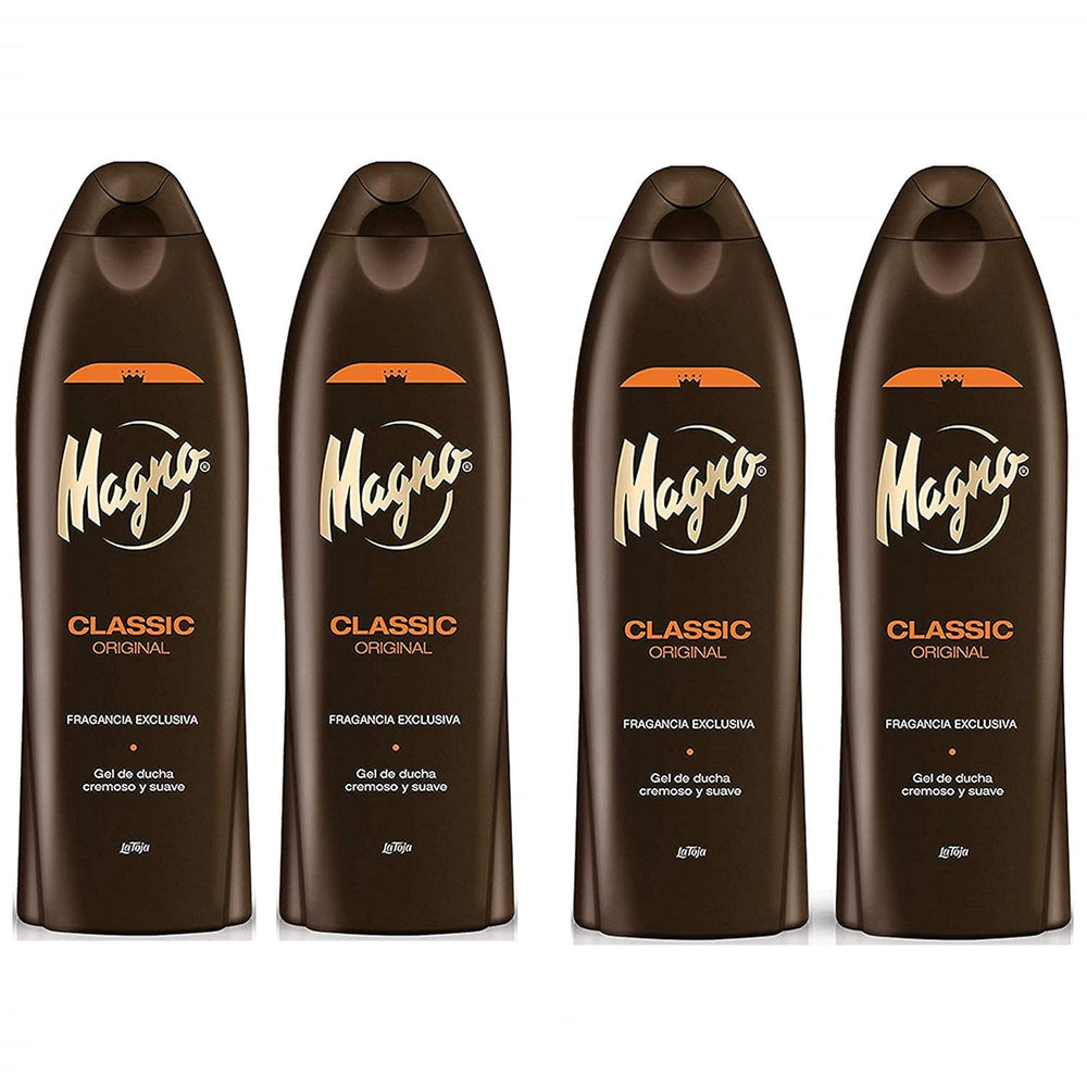 Gel douche Magno en lot de 4 bouteilles 550 ml, pratique pour toute la famille.