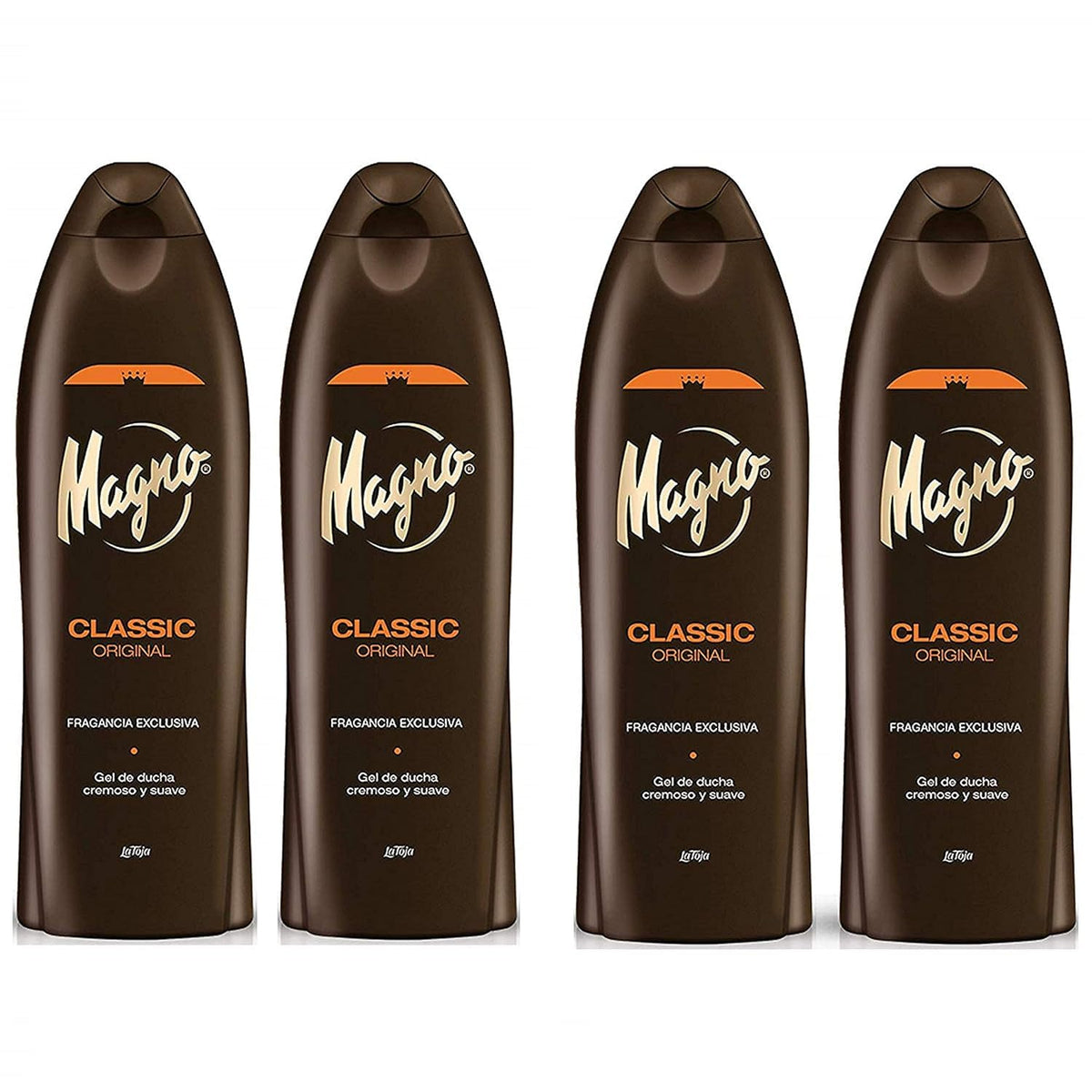 Gel douche Magno en lot de 4 bouteilles 550 ml, pratique pour toute la famille.