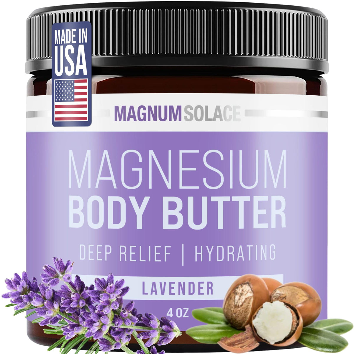 Pot Magnum Solace beurre-corps magnésium lavande, hydratation apaisante nocturne.