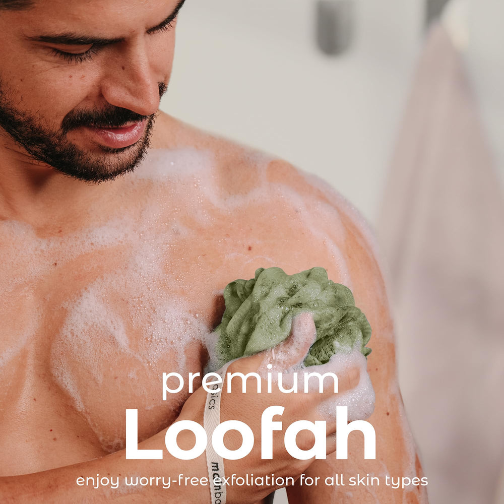MainBasics éponge exfoliante pour douche, maillage fin exfoliant en douceur.