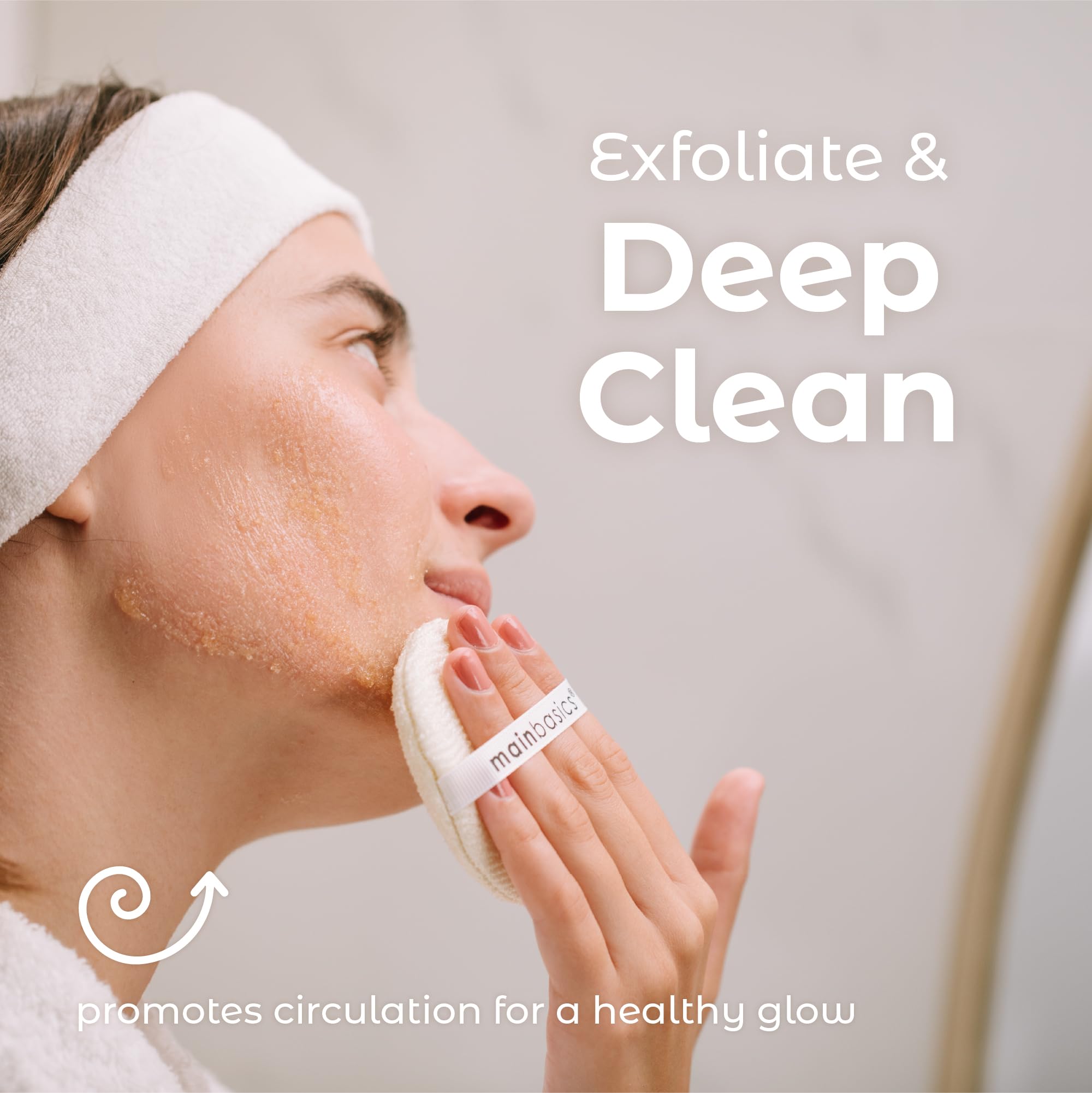 MainBasics éponges exfoliantes visage utilisées durant le rituel matin pour un buffage précis