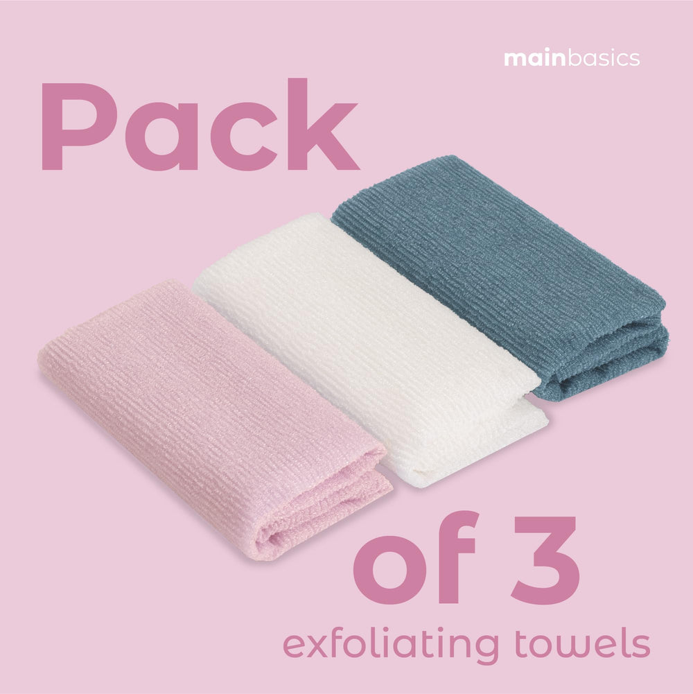MainBasics set-de-3 lavettes exfoliantes pour rotation ou partage familial.