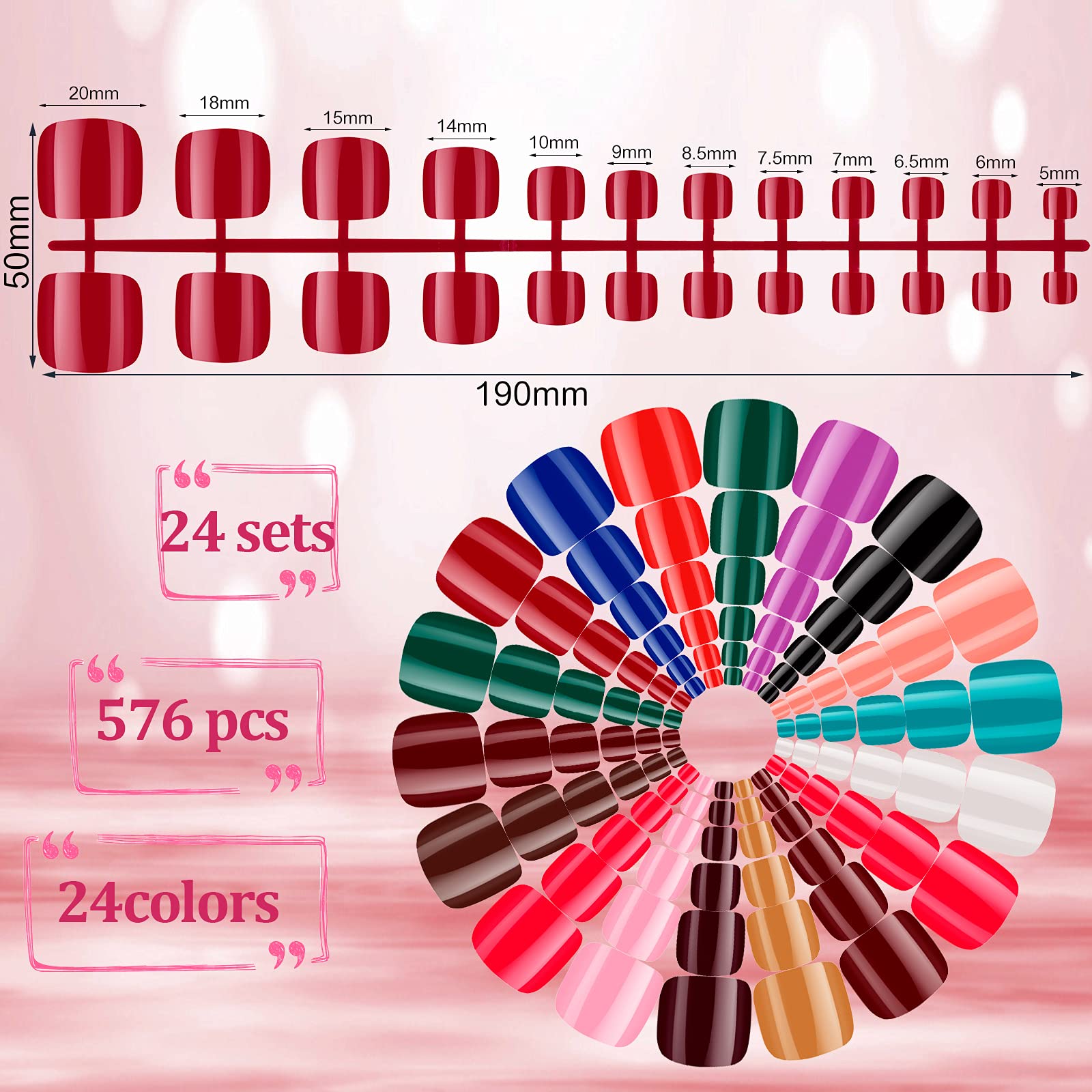 Maitys pack 24 ensembles d'ongles des orteils, couleurs variées pour bricolage à domicile.