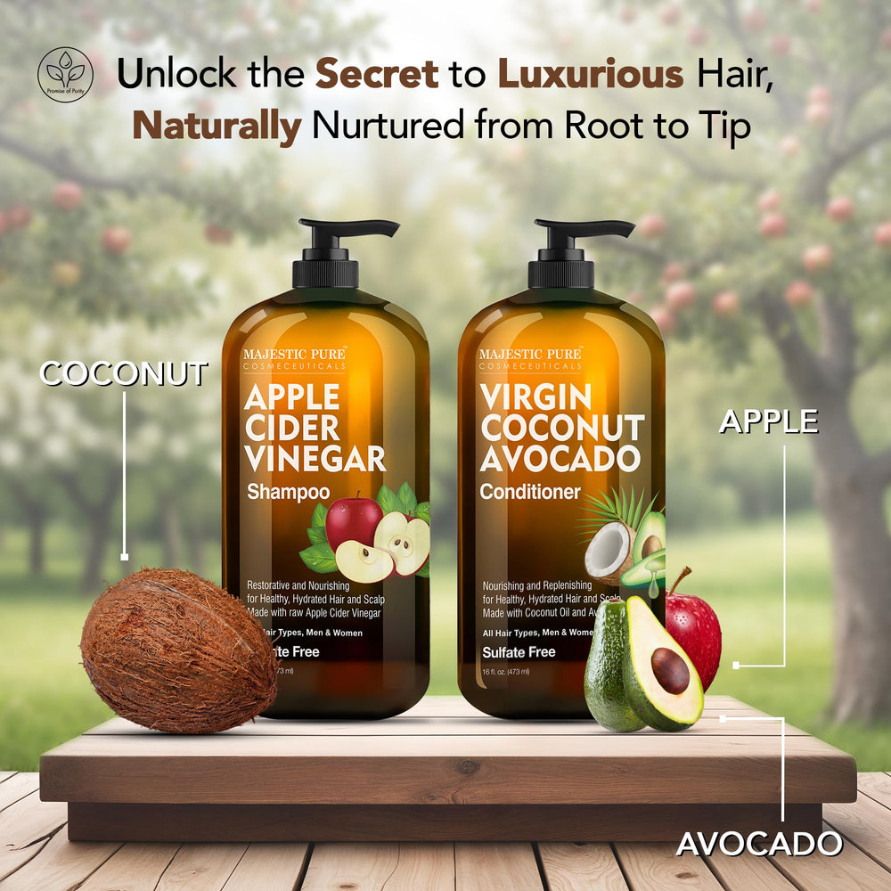 Après-shampoing Majestic Pure avocat et coco, bouteille idéale pour démêler et adoucir.
