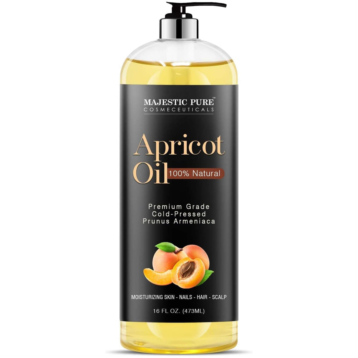 Majestic Pure Apricot Oil bottle on white background for skin care