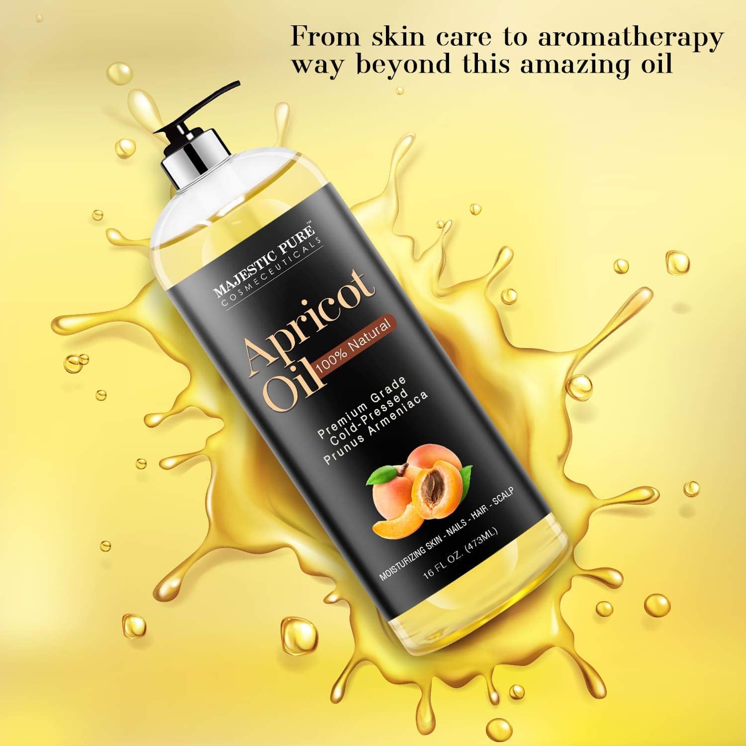 Dropper releasing Majestic Pure Apricot Oil for hair and skin nourishment