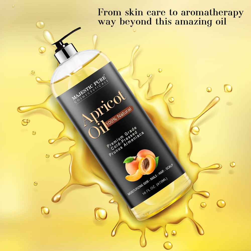 Dropper releasing Majestic Pure Apricot Oil for hair and skin nourishment