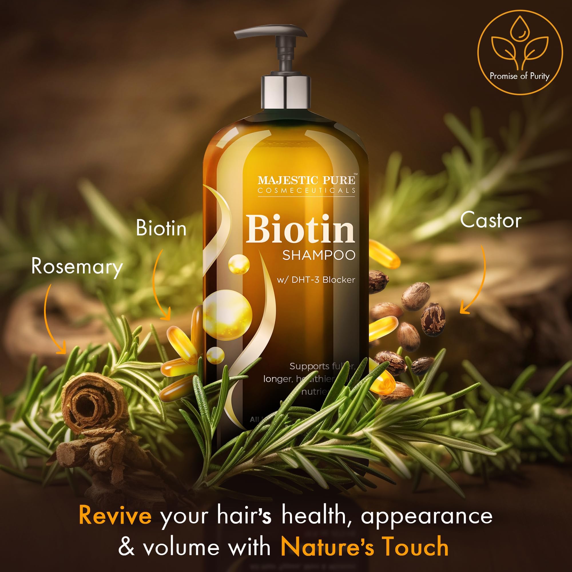 Blocage DHT sur le flacon du Shampoing Biotine Majestic Pure.