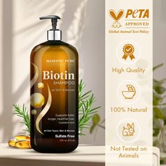 Étiquette et emballage Majestic Pure Biotin Shampoing visibles.
