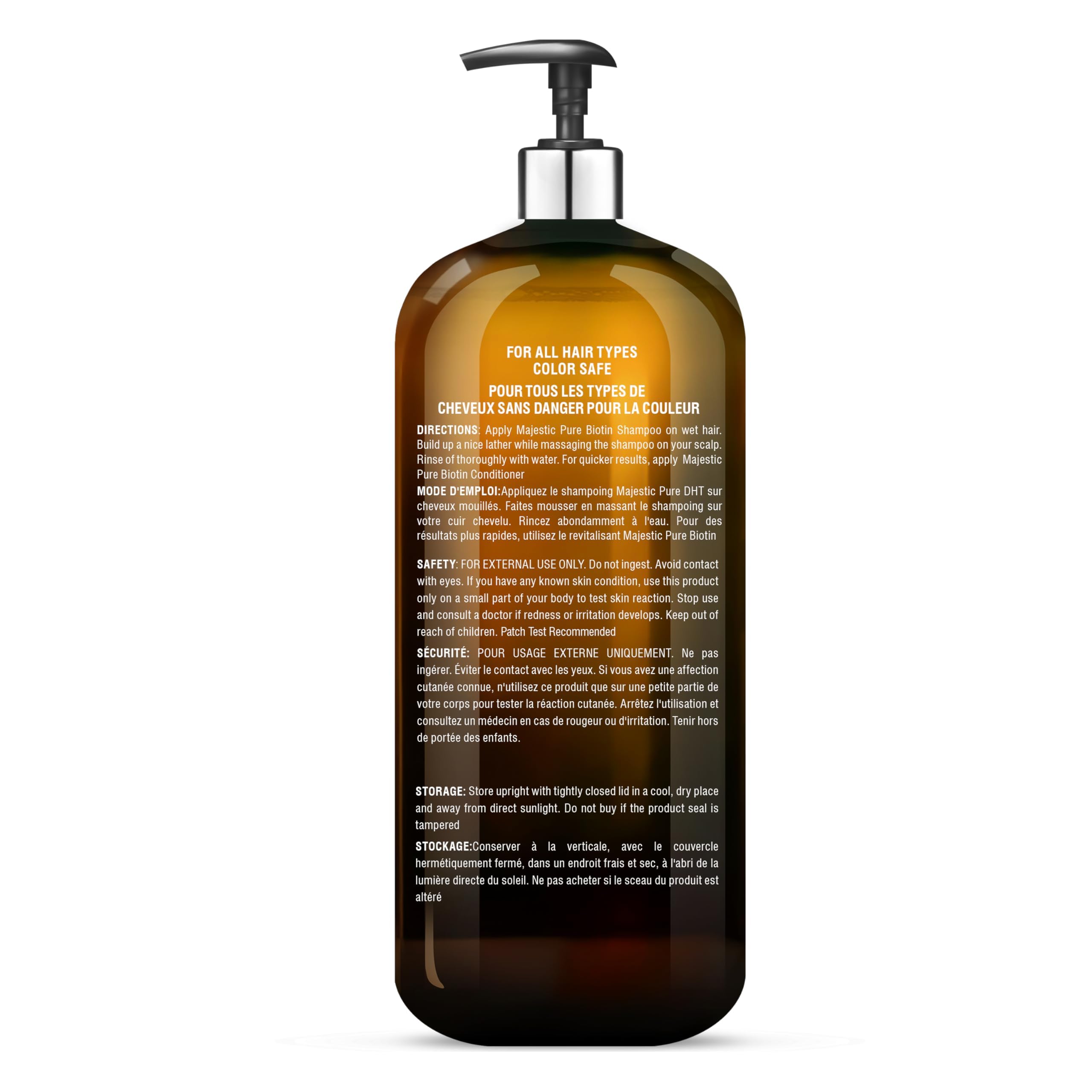 Utilisation quotidienne facile avec Majestic Pure Biotin Shampoing.