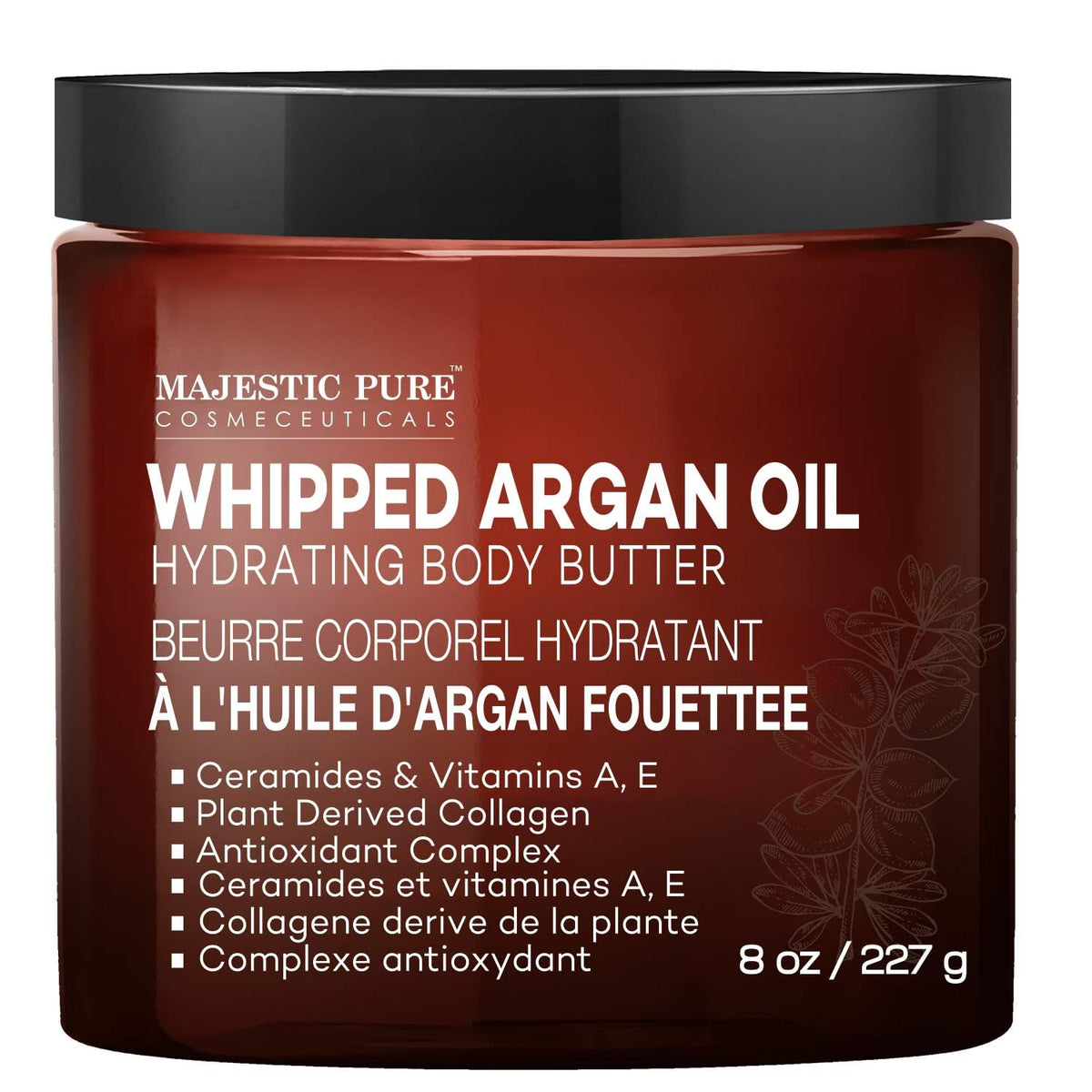 Majestic Pure Beurre corporel argan battu: texture riche pour peau hydratée.