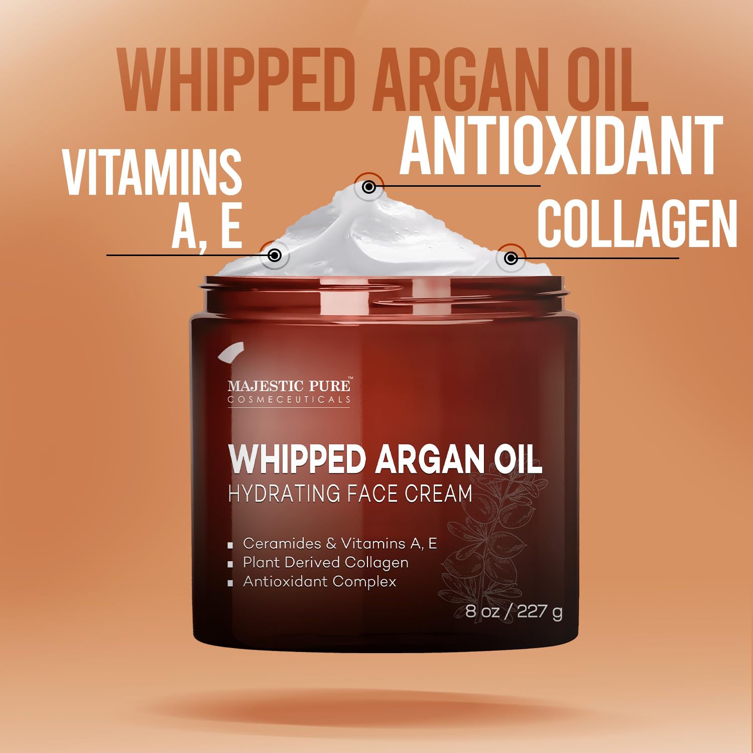 Majestic Pure Crème Argan: flacon 8oz prêt à l'emploi pour usage quotidien.