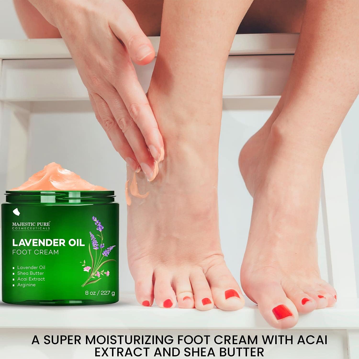 Majestic Pure Crème pieds lavande – bocal visible, hydratation en profondeur.