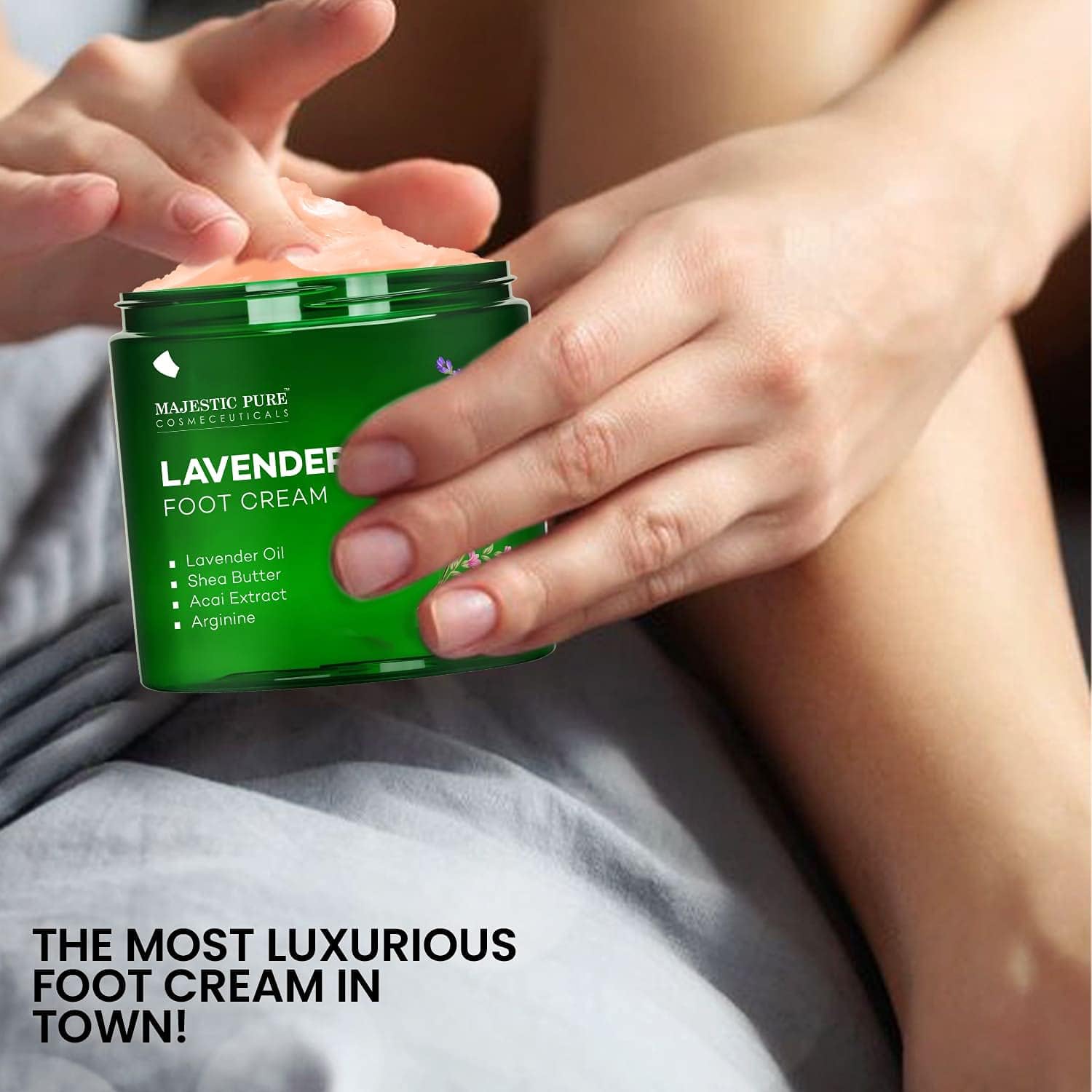 Majestic Pure Crème pieds lavande – massage, stimule circulation et revitalise la peau.