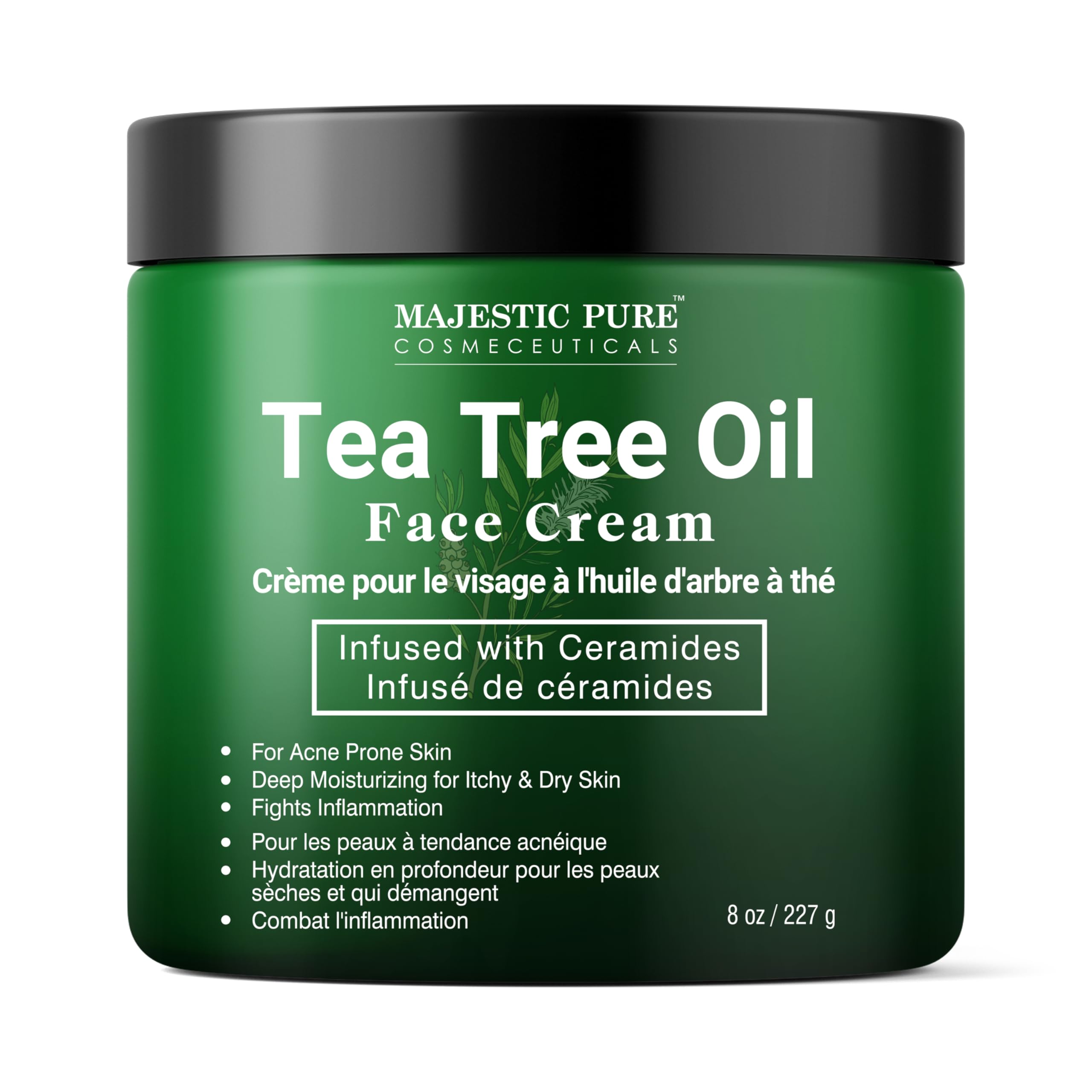 Majestic Pure Crème Visage Tea Tree Oil sur bouteille, hydratation ciblée pour peau sèche.