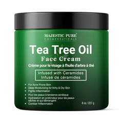 Majestic Pure Crème Visage Tea Tree Oil sur bouteille, hydratation ciblée pour peau sèche.