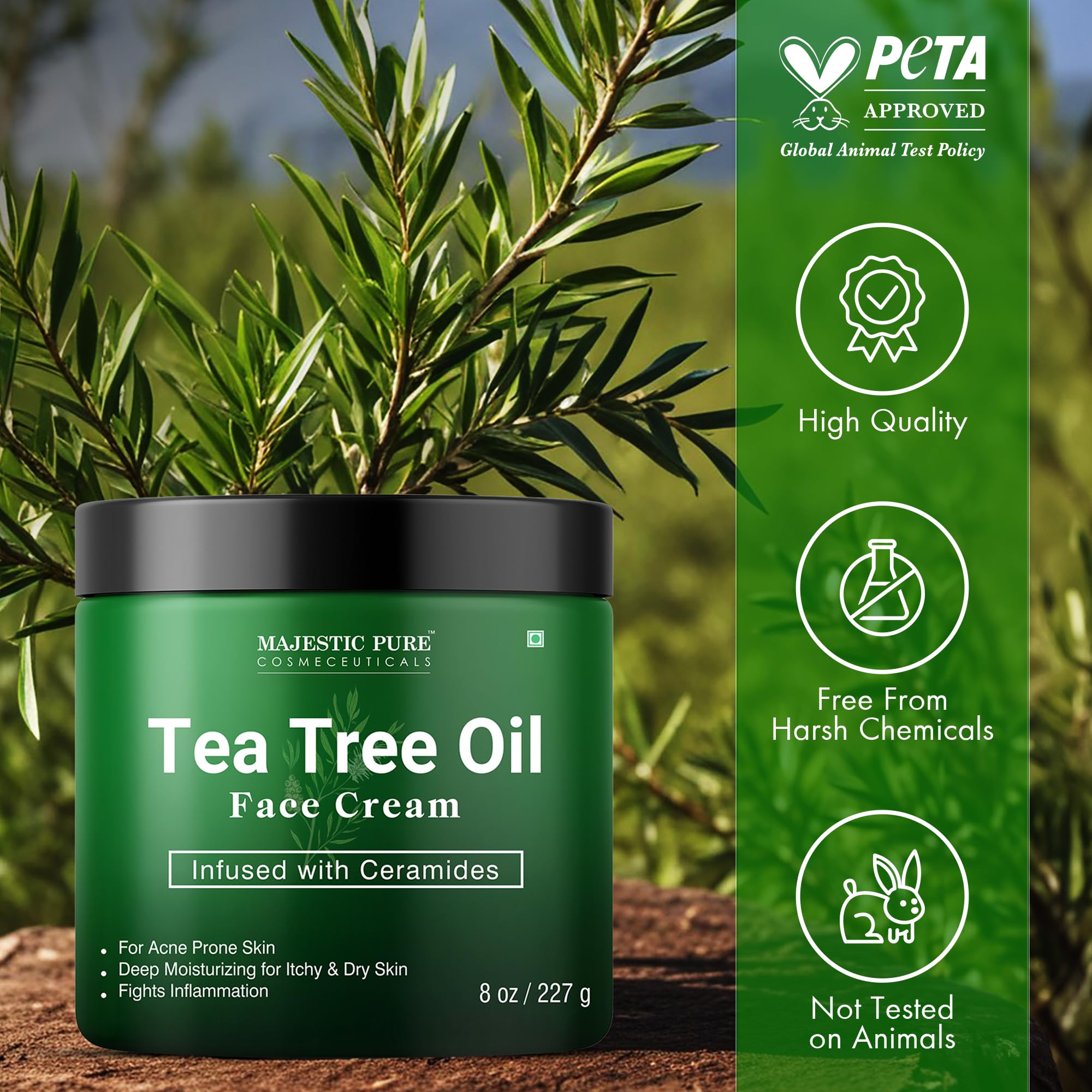 Majestic Pure Crème Visage Tea Tree Oil, usage jour et nuit.