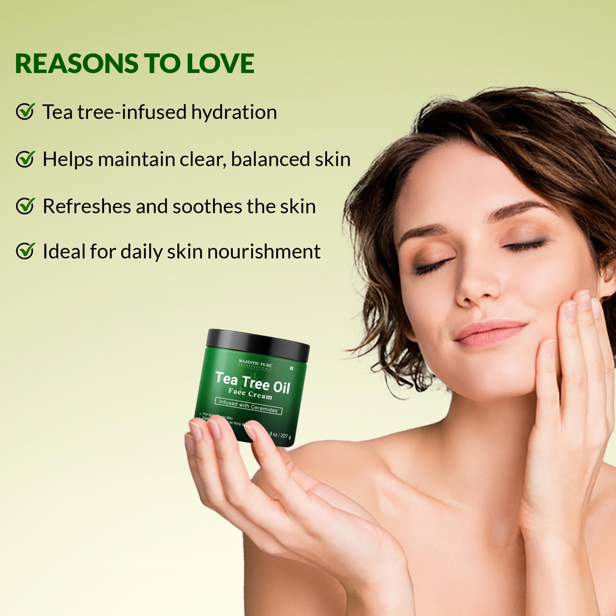Majestic Pure Crème Visage Tea Tree Oil, utilisation sur pieds et mains secs.