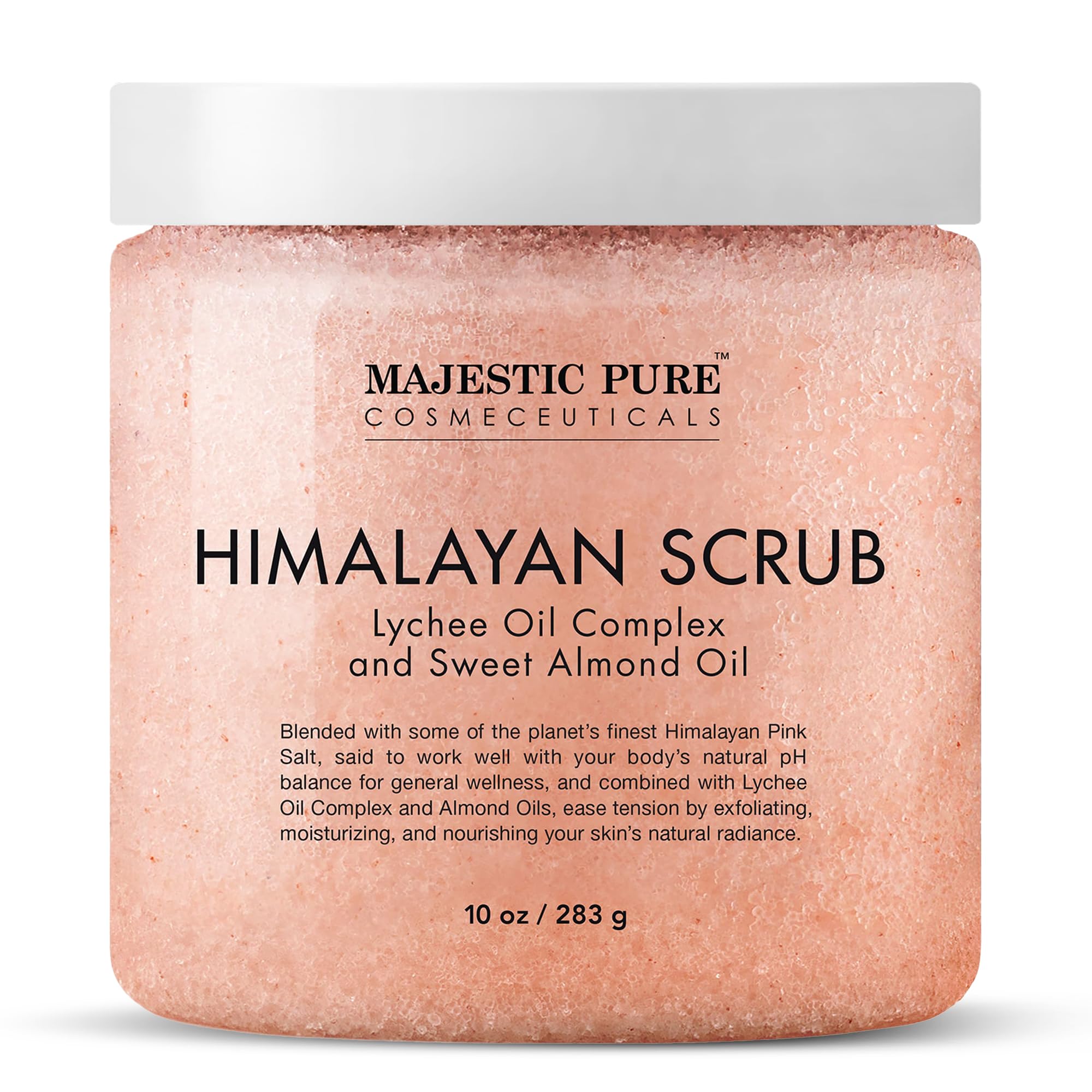 Gommage Majestic Pure : texture exfoliante grâce au sel Himalayen et huile lychee pour peau lisse.