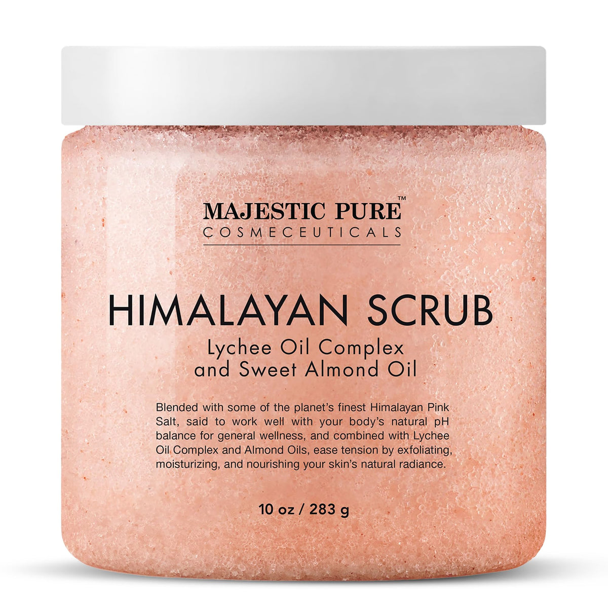 Gommage Majestic Pure : texture exfoliante grâce au sel Himalayen et huile lychee pour peau lisse.