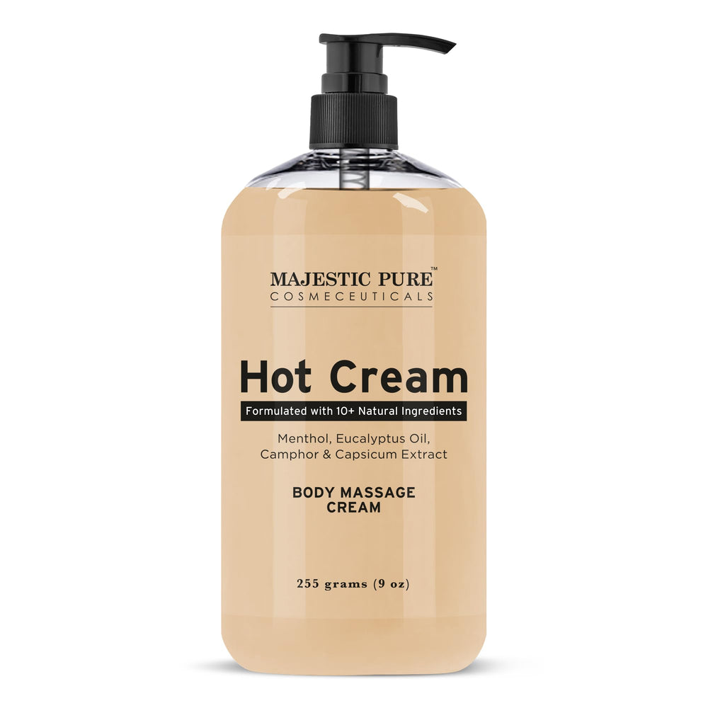 Majestic Pure Hot Cream sur bouteille 9oz prête au massage relaxant.