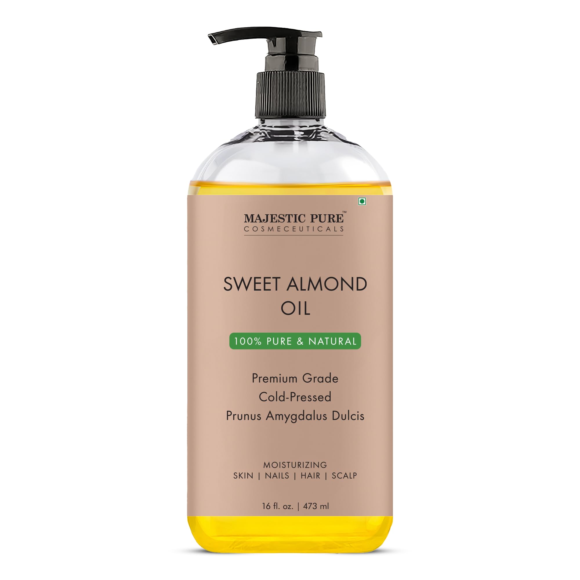 Majestic Pure huile d'amande douce bouteille : hydratation légère pour la peau.