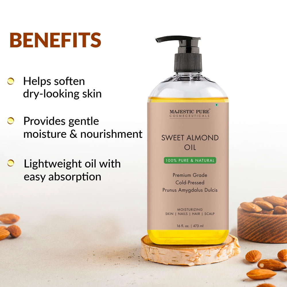 Majestic Pure huile d'amande douce étiquette : produit pur et naturel pour routine beauté.