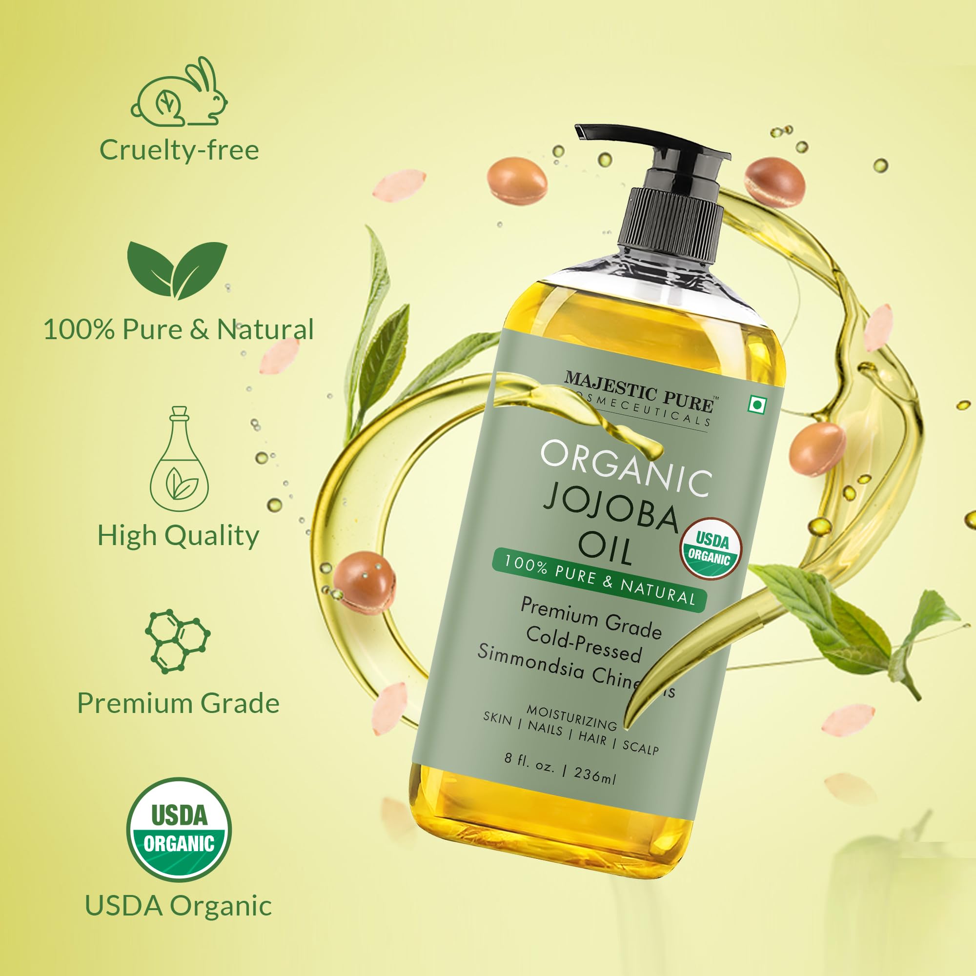 Majestic Pure huile jojoba – application cheveux pour nourrir et réparer légèrement.