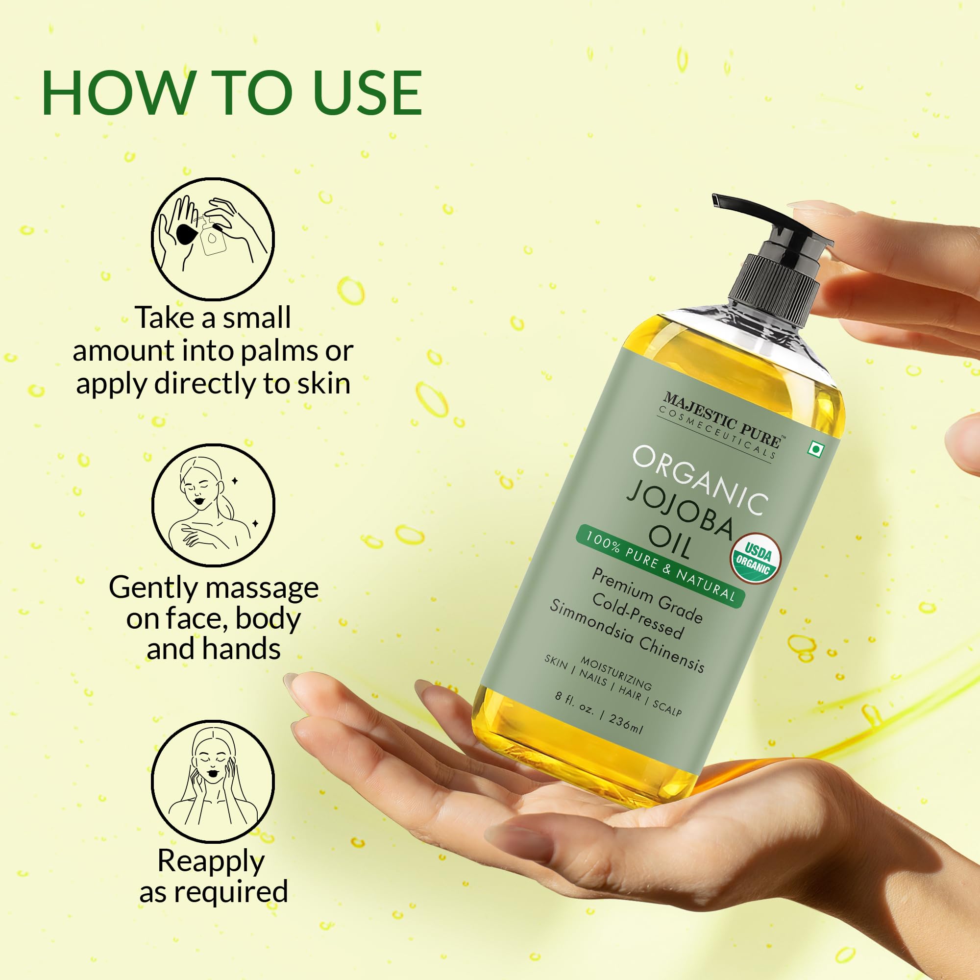 Majestic Pure huile jojoba – application visage pour hydratation subtile et durable.
