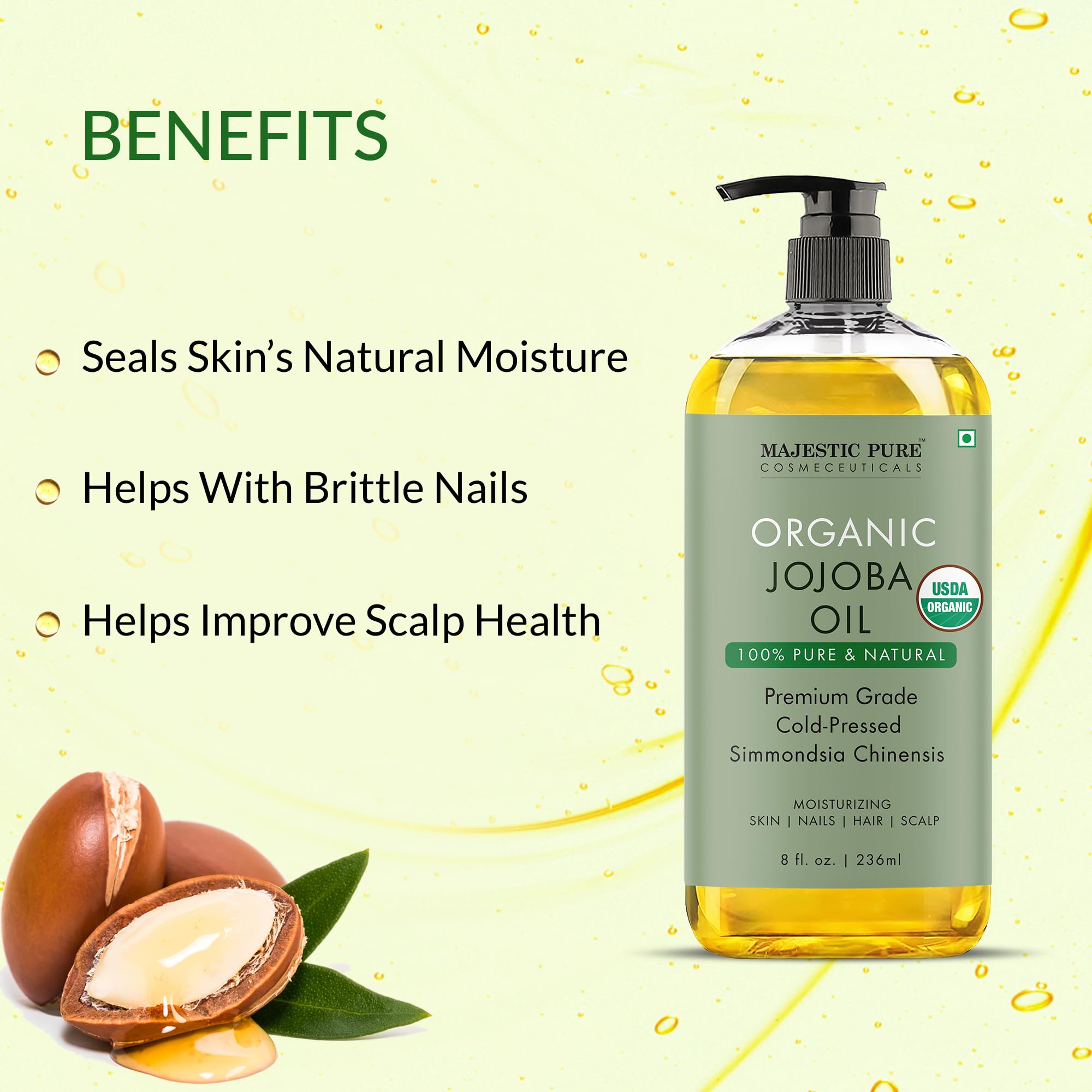 Majestic Pure huile jojoba – bouteille-pipette facilitant l'application légère sur peau.