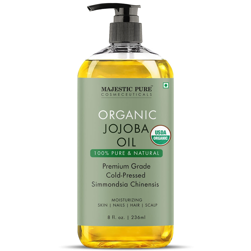 Majestic Pure huile jojoba – bouteille translucide, idéale pour l'hydratation quotidienne.