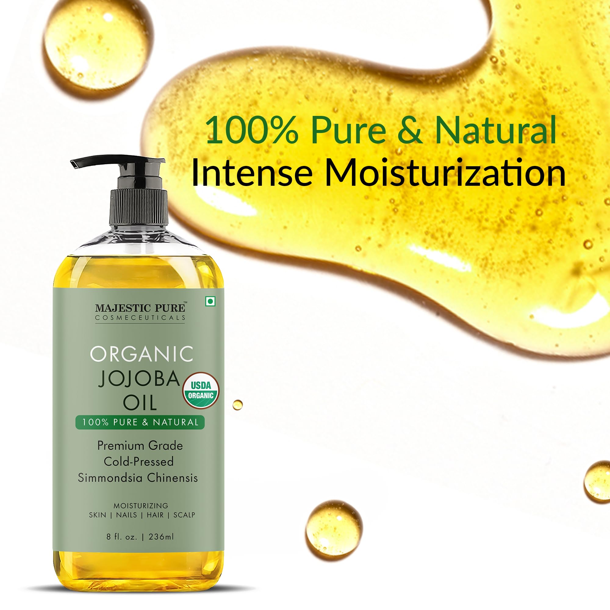 Majestic Pure huile jojoba – gouttes douces pour nourrir visage et cheveux.