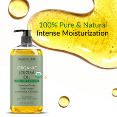 Majestic Pure huile jojoba – gouttes douces pour nourrir visage et cheveux.