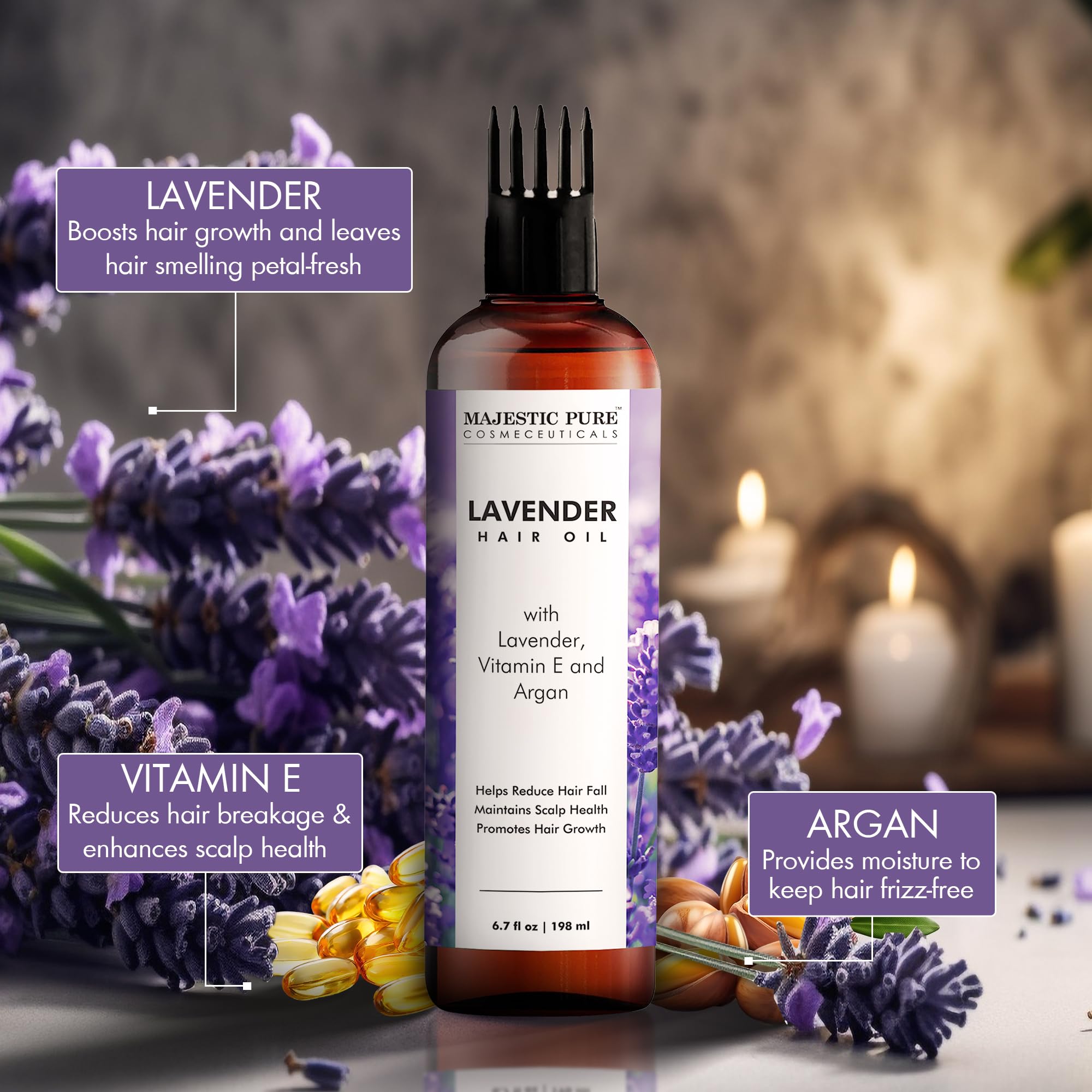 Composants biotine et jojoba dans l'huile lavande Majestic Pure.