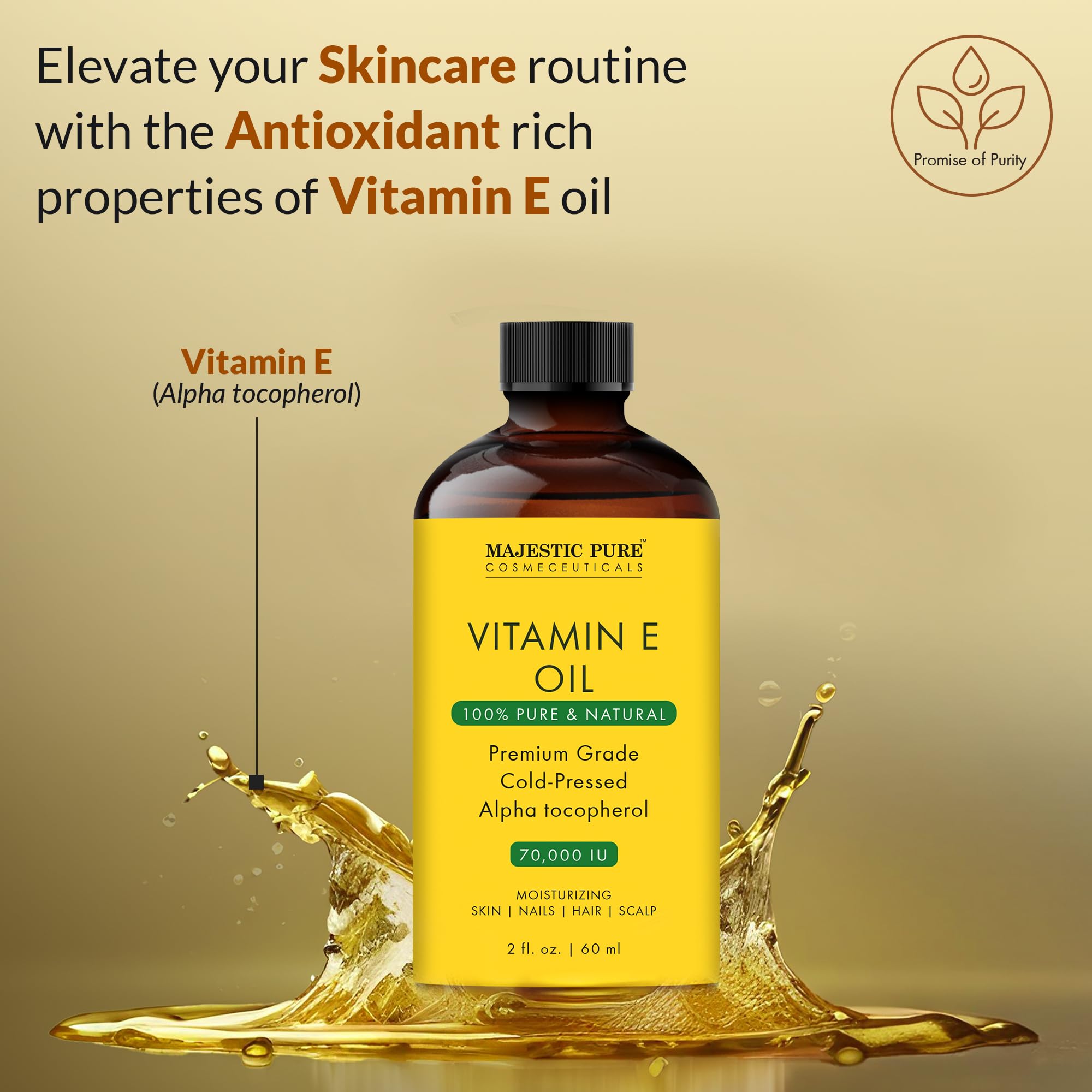 Majestic Pure huile vitamine E, vue rapprochée du flacon pour les cheveux.