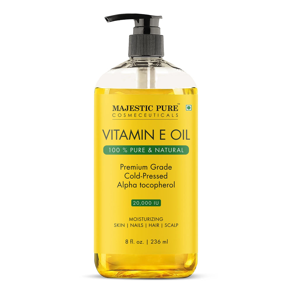 Majestic Pure vitamine E huile, bouteille généreuse pour hydratation visage et corps.
