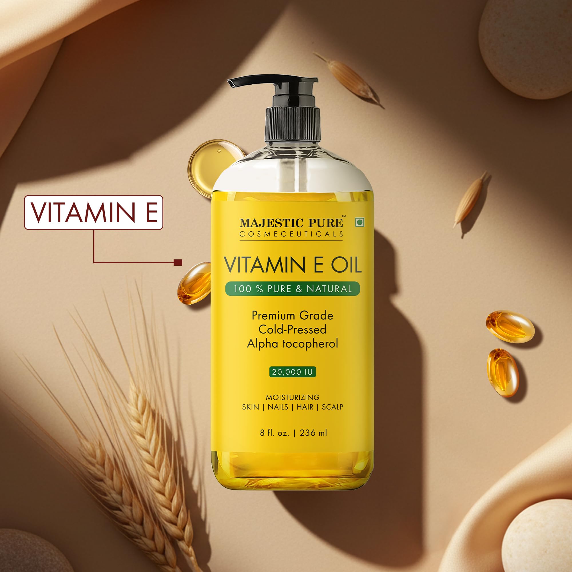 Majestic Pure vitamine E huile, nourrissant pour peau sèche et apaisée.
